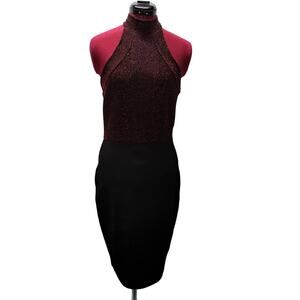 JACARANDA Red Glitter metallic Halter style top Black waist down to hem dress Lg